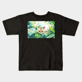 Whimsical Jungle Cat Watercolor Illustration Kids T-Shirt